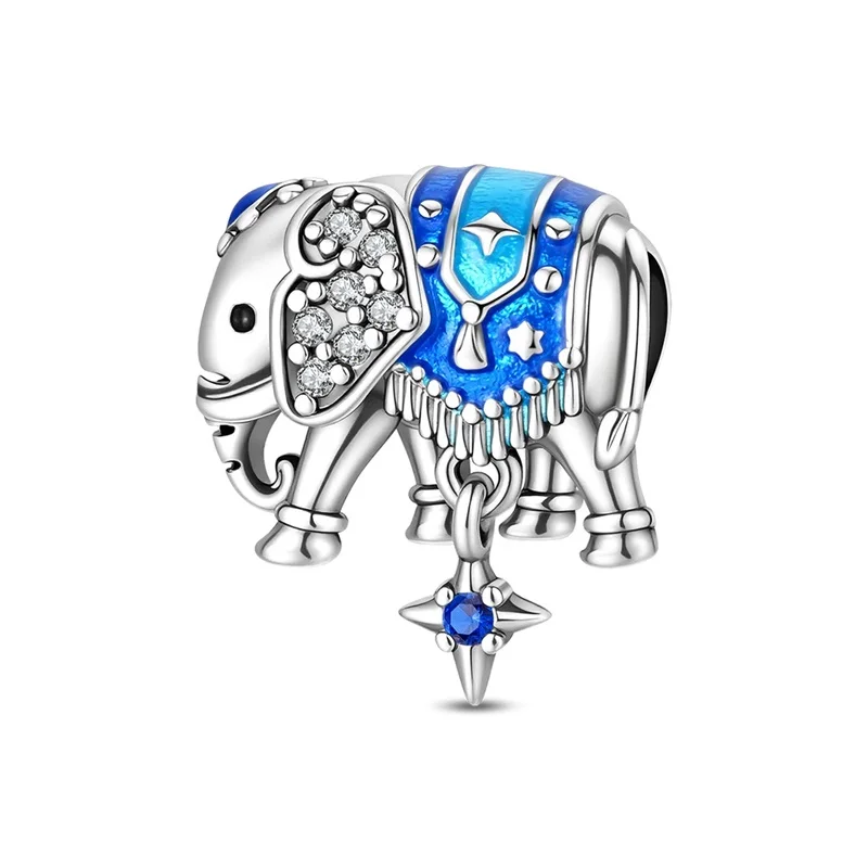 

New 925 Sterling Silver Blue Auspicious Elephant Charms Beads Zircon Dangle Fit 3mm Original Bracelet DIY Women birthday Jewelry