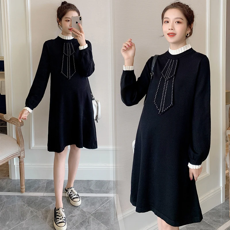 Office Lady Dress for Autumn Stand Collar Long Sleeve Maternity Knitting Dress Plus Size Pregnant Women Dress Maternity Clothes