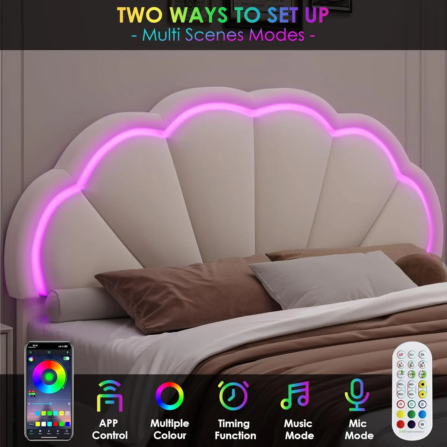 King gestoffeerd slim LED-bedframe met verstelbaar chique bloemblaadjeshoofdeinde, zacht fluwelen prinses kingsize platformbed