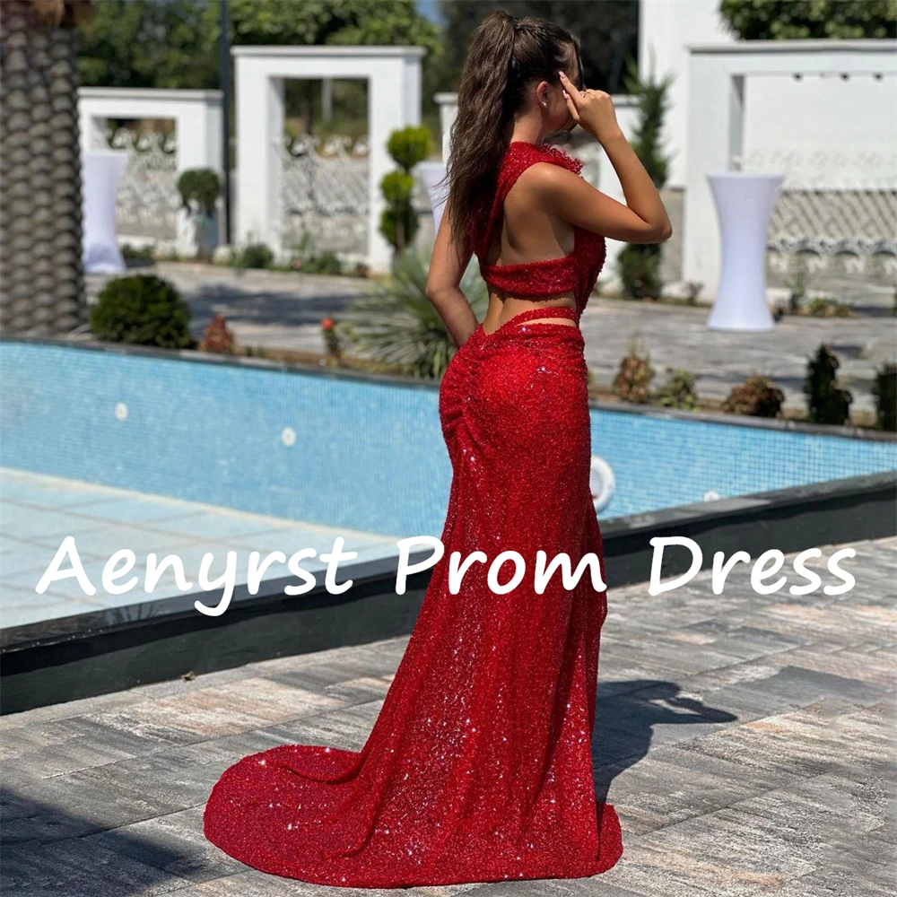 Aenyrst Red Shiny Sequined One Shoulder Saudi Evening Dresses Mermaid Side High Split Prom Dress Floor Length Dinner Party Gowns