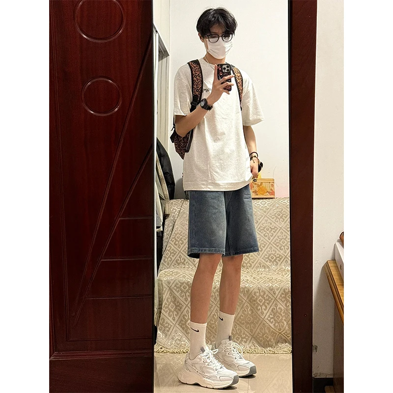 

American Retro Blue Denim orts Men Summer High Street Vibe Five-Part Pants Japanese Sle y Mid-Pants Trendy