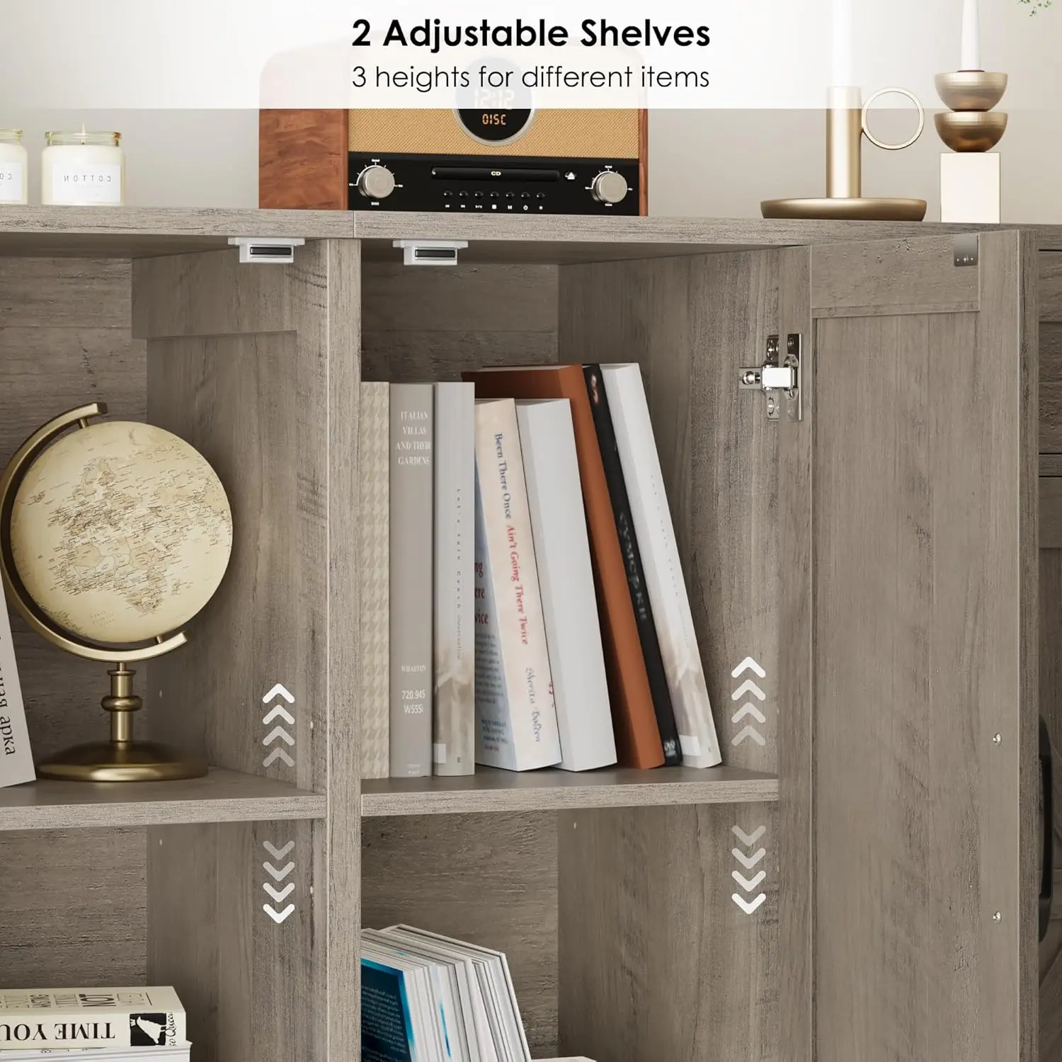 조절 가능한 선반과 6개의 문이 있는 71' 대형 농가형 사이드보드, 애쉬 그레이 주방 뷔페 캐비닛