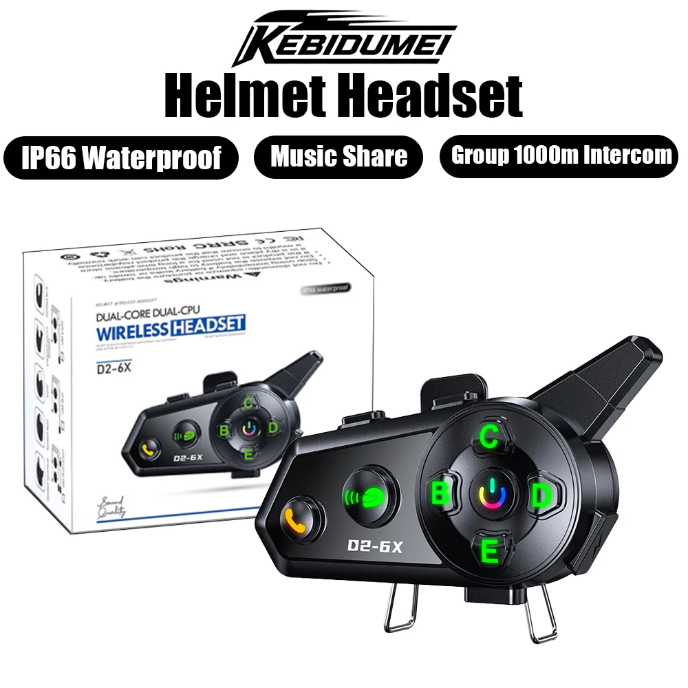 

KEBIDUMEI D2-6X Helmet Headset Bluetooth Speaker IP66 Waterproof 1000m Motorcycle Intercom Wireless Headphone Moto Accessories