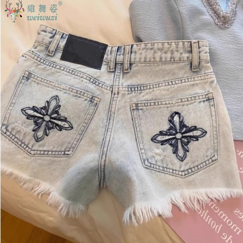 

Women's Jeans Y2k Cross Graffiti Embroidery Denim Shorts Sexy Wide Leg Tassel Hot Pants Female High Waist Jeans Women Clothing