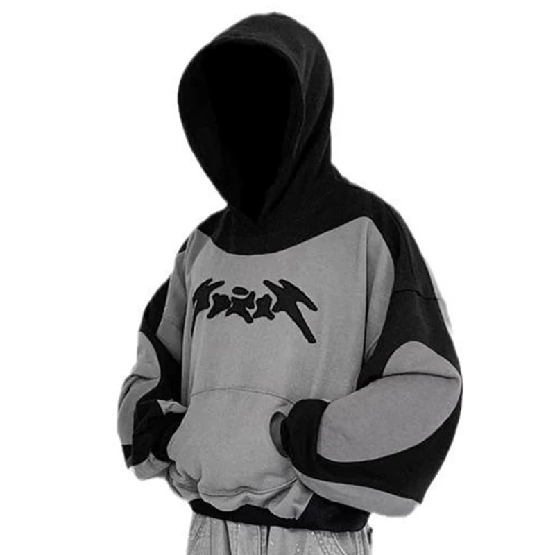 الخريف الشتاء ملابس كاجوال فضفاضة المرأة البلوز بسيط القوطية البلوز Y2K Harajuku أسود رمادي تقسم مطبوعة المرأة هوديي