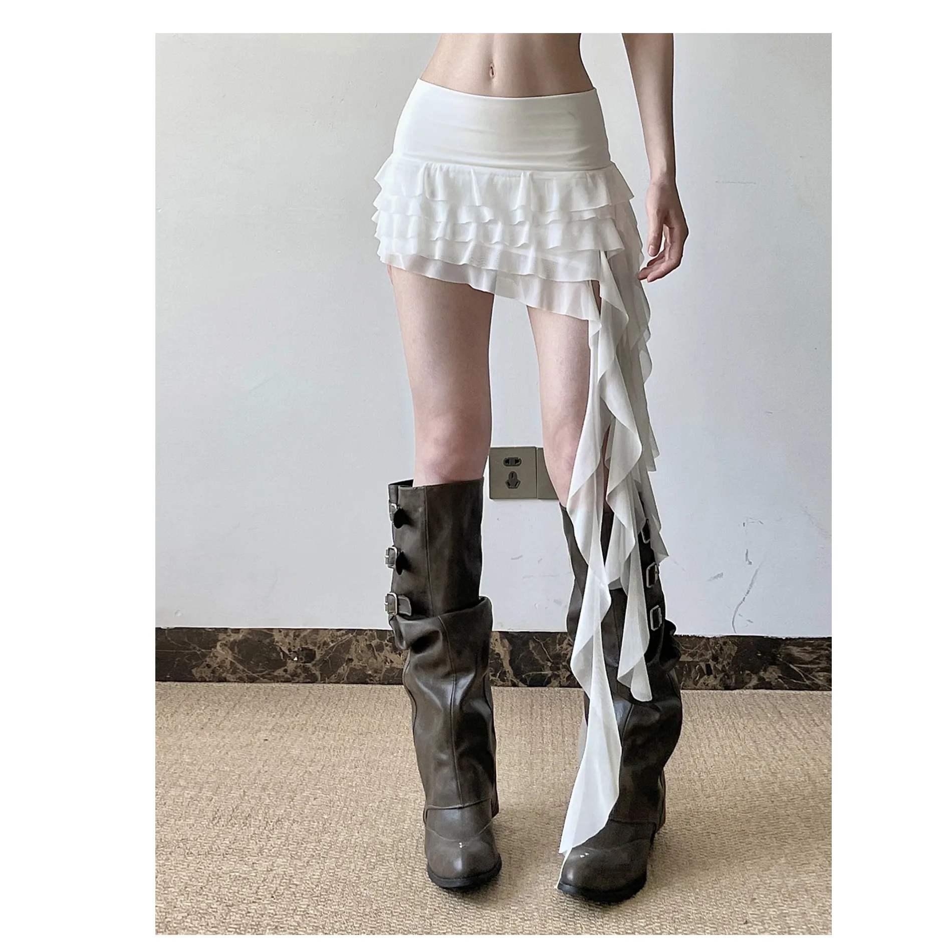 2025 Summer Women's Holiday Sle Asymmetrical Ruffle Hem ort Skirt Layered Me Pure Desire Belted Midi Skirt