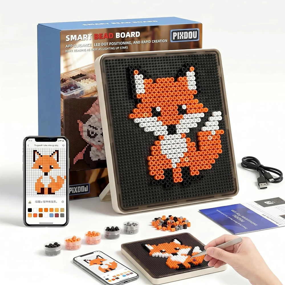 Smart LED Pindou Board Fuse Beads Pegboard, APP Controlled Pixel Art Animation Tray, USB-C Rechargeable, DIY Gift Toy