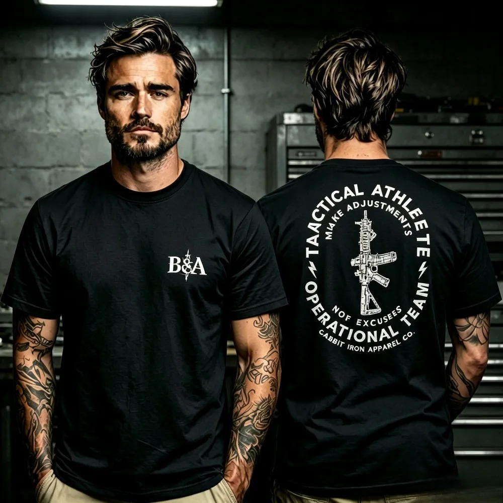 Circular Tactical Rifle Graphic Men T-Shirt Vintage Military Style Short Sleeve Workout Casual Tee