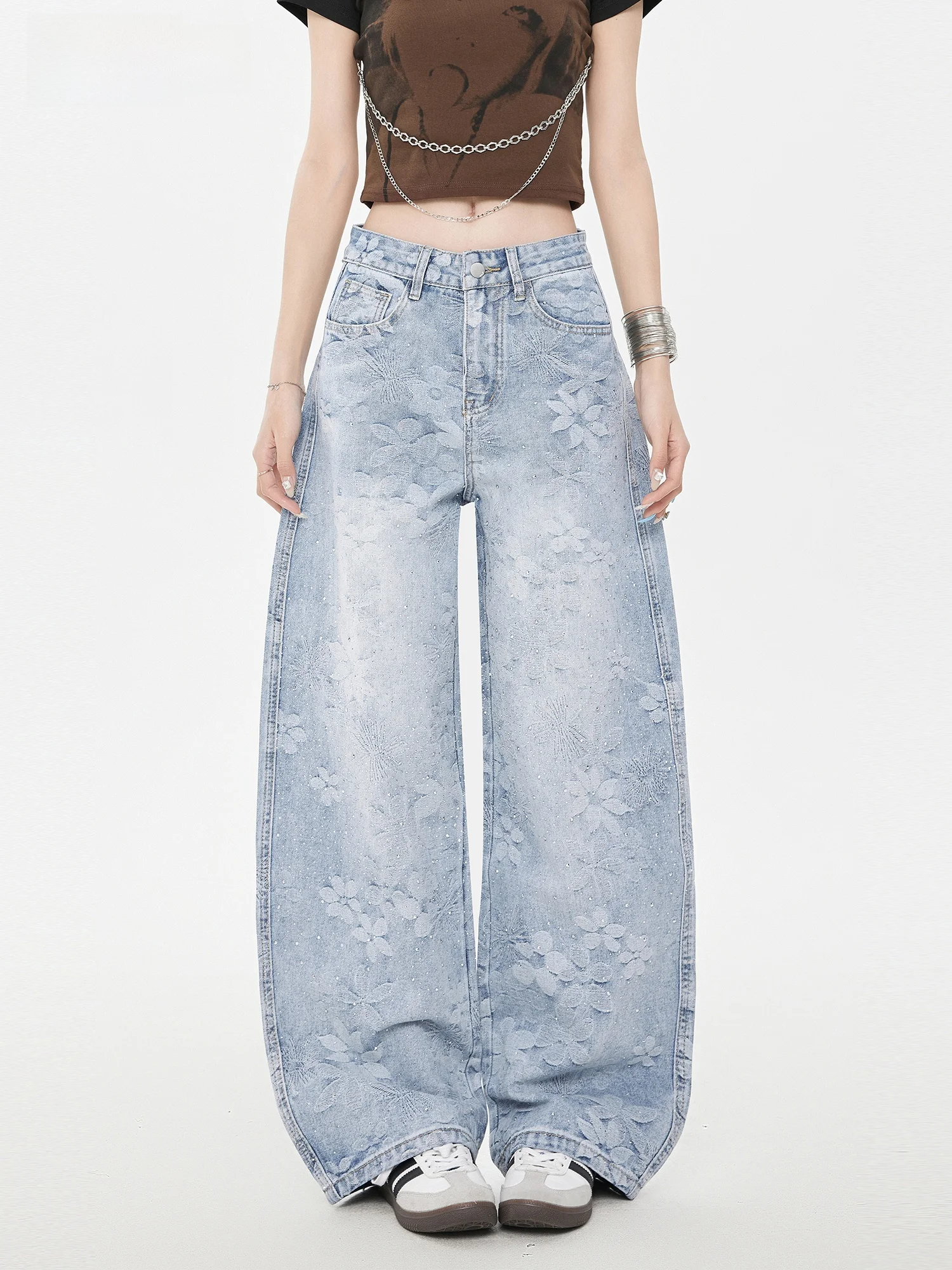 

Women's Loose Wide Leg Jeans Casual Faion Spring New Sle Embroidered Denim Knife Fla Trend Brand Blue Cotton Polye...