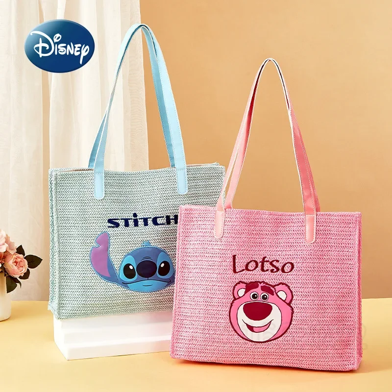 

Disney Stitch New Grass Woven Bag Luxury Brand Original Women's Handbag Cartoon Cute Women's Shoulder Bag Large Capacity