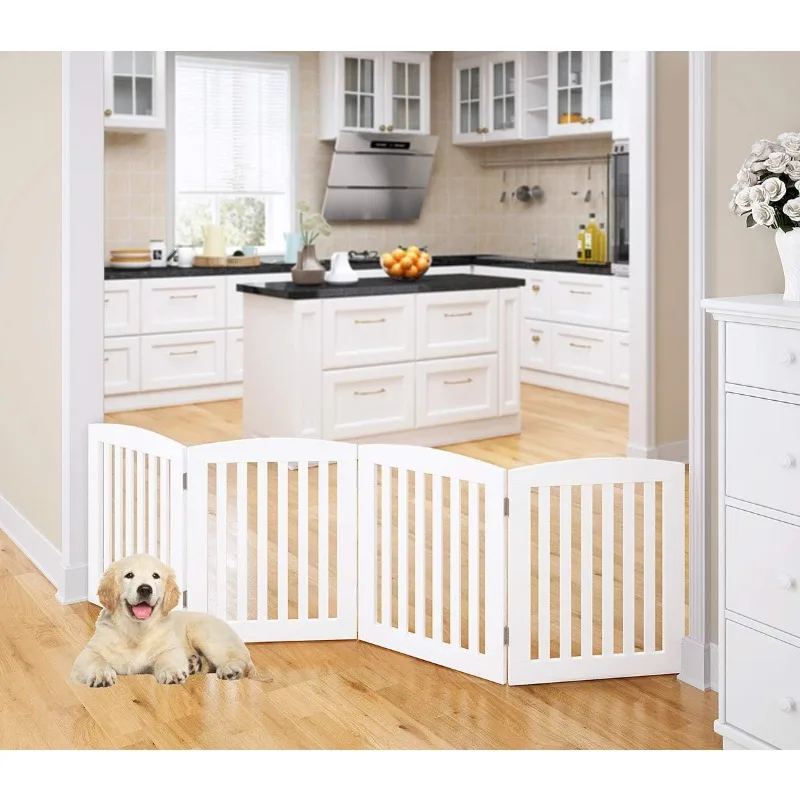 Wooden Freestanding Foldable Pet Gate for Dogs, 24 inch 4 Panels Step Over Fence, Dog Gate for The House, Doorway, Extra Wide