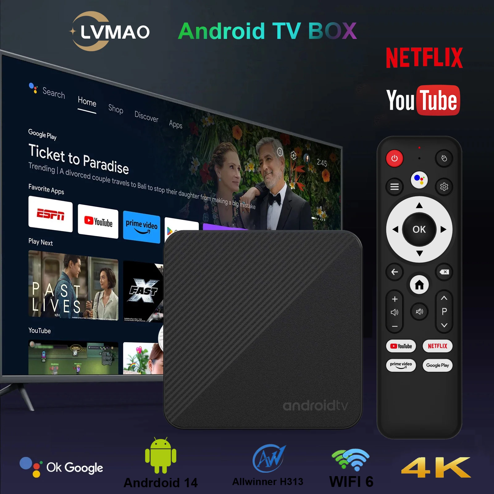 Android TV Box T1S Smart 4K Home theater AllwinnerH313 Streaming Media H.265 Iptv Global Version Netflix YouTube Wifi6 1000M