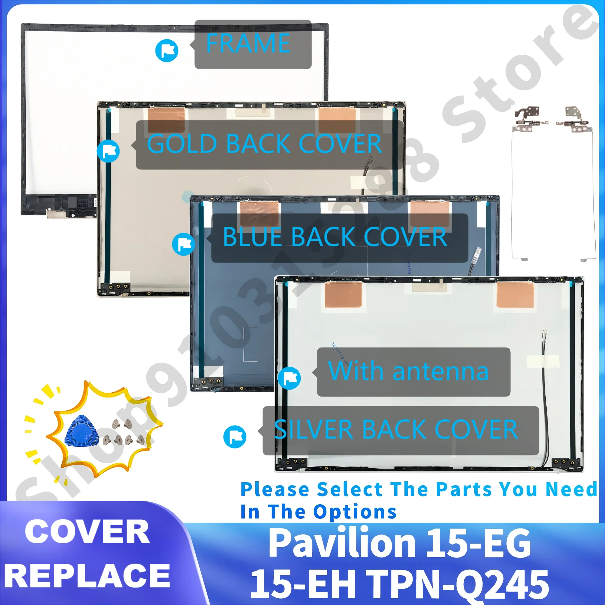 Couvercle arrière LCD pour pavillon 15-EH 15-EG 15Z-EH TPN-Q245 Q246, charnières supérieures M08899-001, lunette/réparation en métal bleu/argent/or
