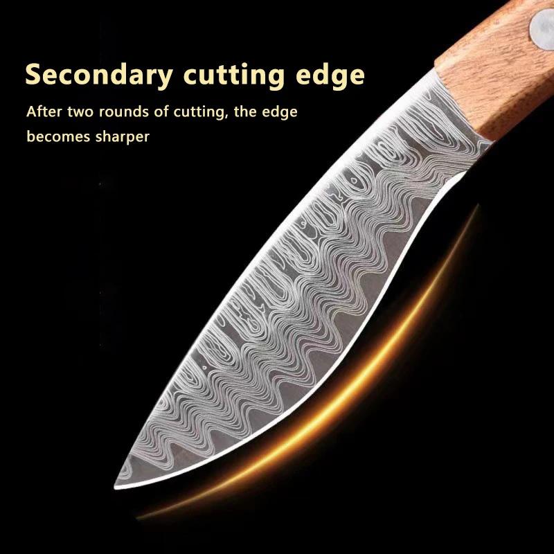 Damascus Patterned Hand Forged Meat Knife Leather Cover Barbecue Meat Camping Outdoor Multi Purpose High Hardness Small Knife