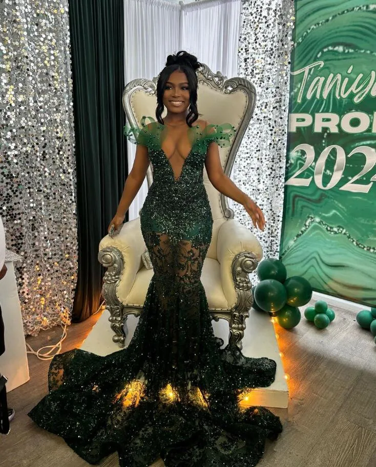 Emerald Green Long Mermaid Evening Dresses for Black Girl Sparkly Applique Gillter Prom Reception Birthday Gown Sheer Mesh