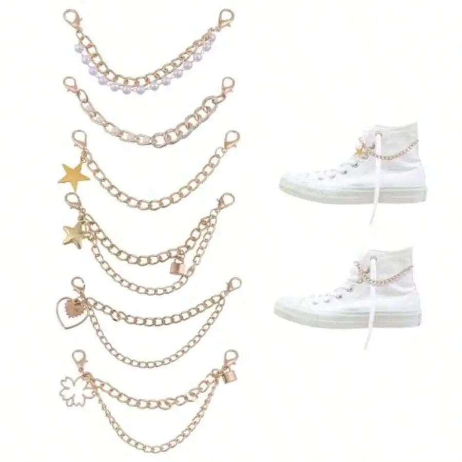 

6pcs Layered Chain Shoe Charms With Star Heart Lock Flower Decorations For Sneakers