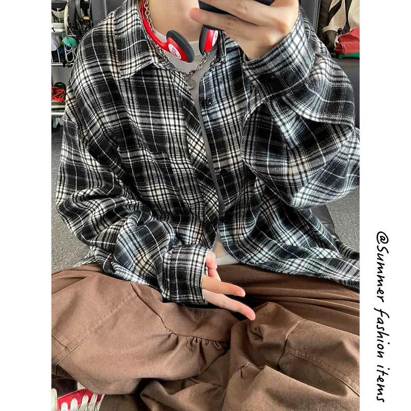 

Рубашка в клетку с длинным рукавом, винтажная, свободная, повседневная, с воротником-стойкой, для мужчин и женщин, весна-осень, новая, модная, удобная