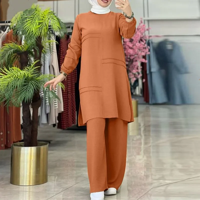 Two-Piece Muslim Sets for Women, Long Sleeved Shirt, Wide Leg Pants Set, Islamic Clothes, Elegant Abaya, Monochromatic, 2021