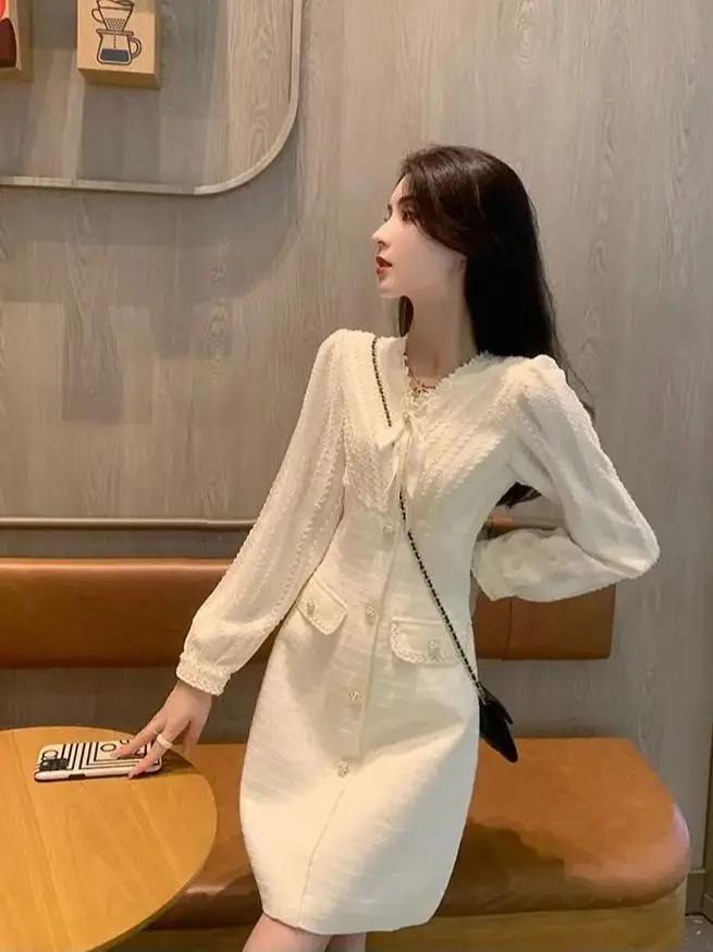 

Korean Dress Knee Length Long Sleeves Women'S Fashion White Dress Women Slim Fit White Dress