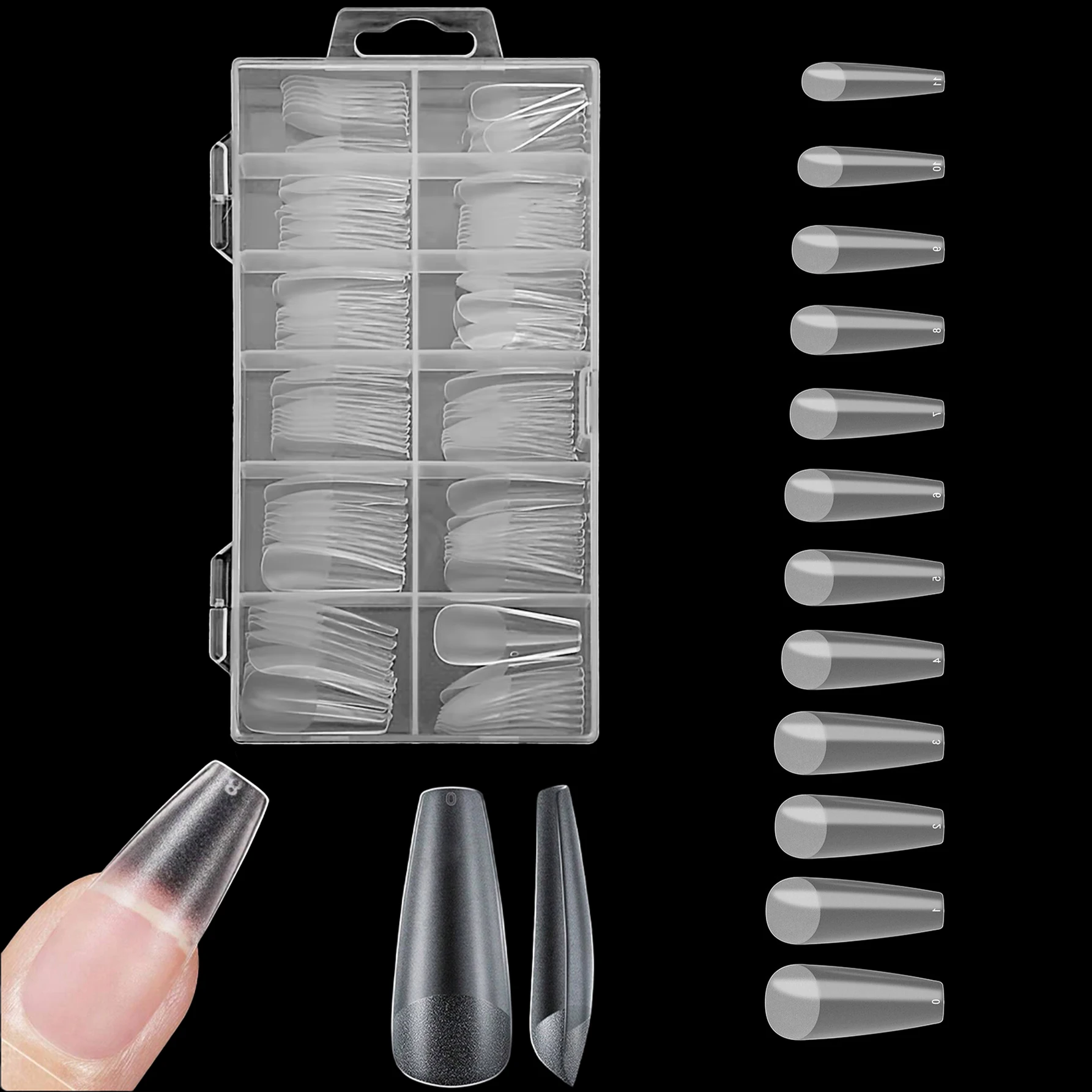 240/330 Stück Einfarbige Matte Ballet Coffin Nagelspitzen Lange Transparente Acryl-Kunstnägel Gepresste Vollabdeckung Set mit 12 Größen – Detail 3