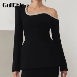 8.12 GuliChic Women Elegant Temperament Skew Collar Blazer Beading Decoration One Shoulder Collect  Waist Slim Top