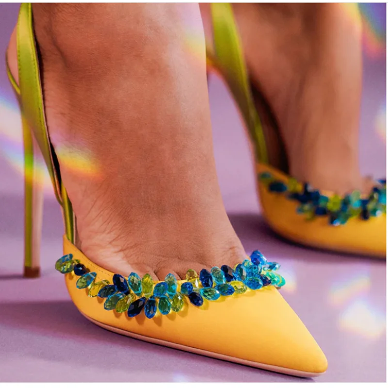 

Yellow Crystal Slip On Shallow Pumps Pointed Toe Thin High Heel Fashionable Sexy Western Summer Woman Shoes Zapatillas Mujer