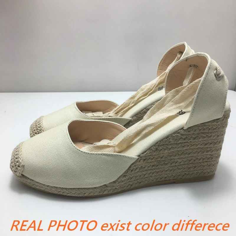 SIMLOVEYO Canvas Spring Ladies Shoes Ankle Strap Espadrille Sandals Wedges Heel Flax Hemp Big Size 35-43 Red Black Beige S2974