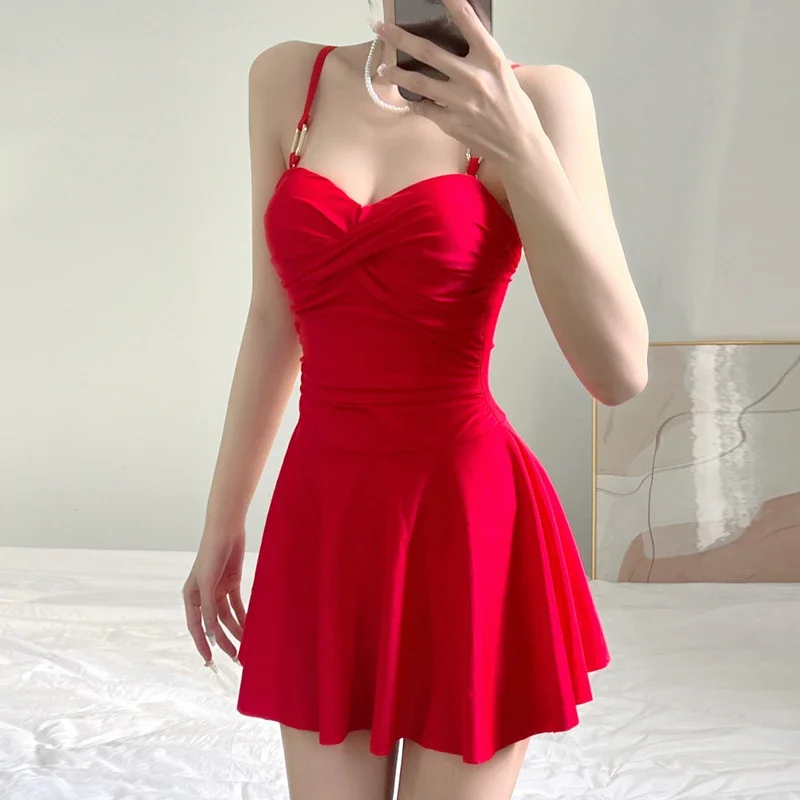 

Swimsuits Dress Female Bandeau Monokini Push Up Bathing Swimming for Women Bathers Sexy Korean Red Swimwear One Piece 2025 Hot