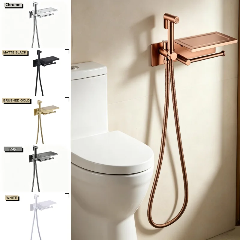 

Brushed Bidet Brass Sprayer Concealed Button Brass Valve with Commodity Shelf Paper Holder High Pressure Sprayer 1.5M Hose