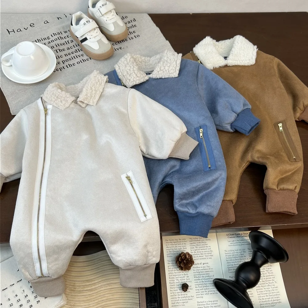 

Newborn Kids Winter Rompers 2025 New Korean Fashion Casual Daily Fleece-lined Thicken Long Sleeve Bodysuits Infant Warm Clothes