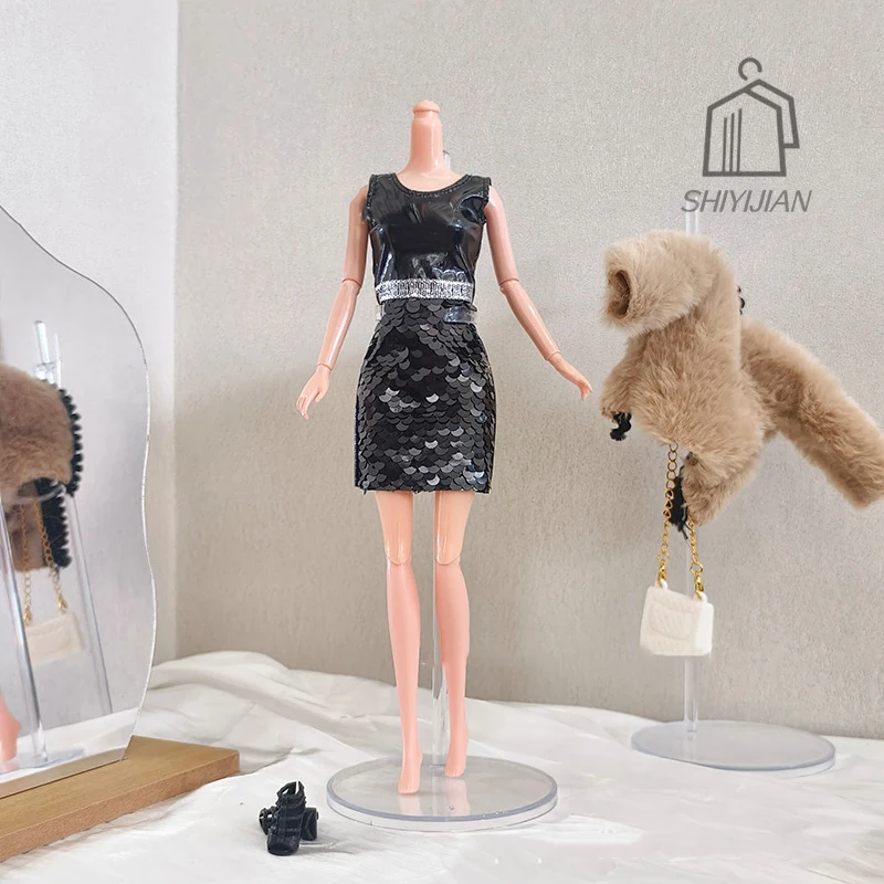 30cm boneca vestir-se roupas acessórios pele lantejoulas colete vestido + jaqueta conjunto 1/6 bjd moda princesa boneca vestidos festa roupas diárias