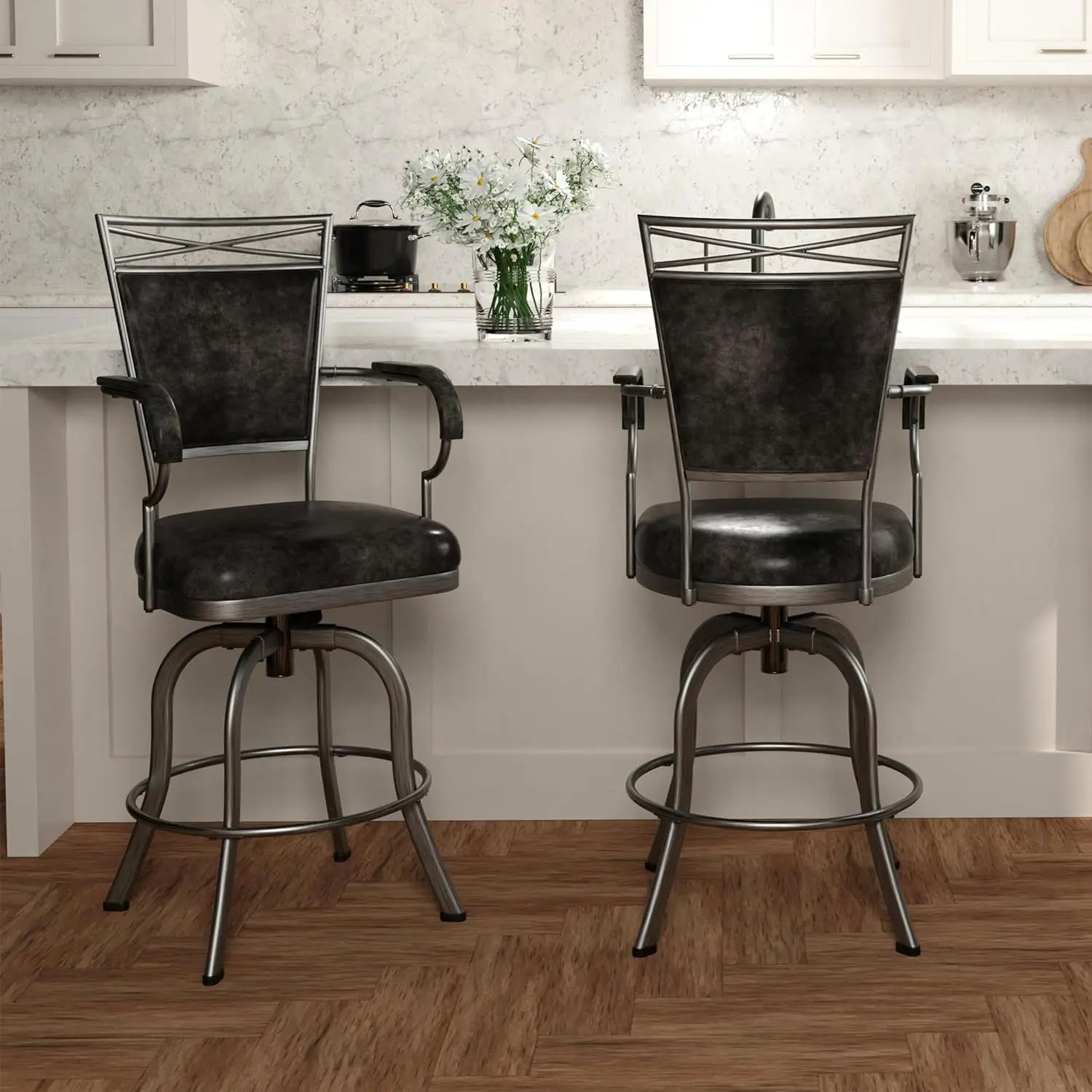 Traditional Bridgetown Durable Metal Counter Height Faux Leather Swivel Stool,100% Polyester, Pewter/Aged Bronze