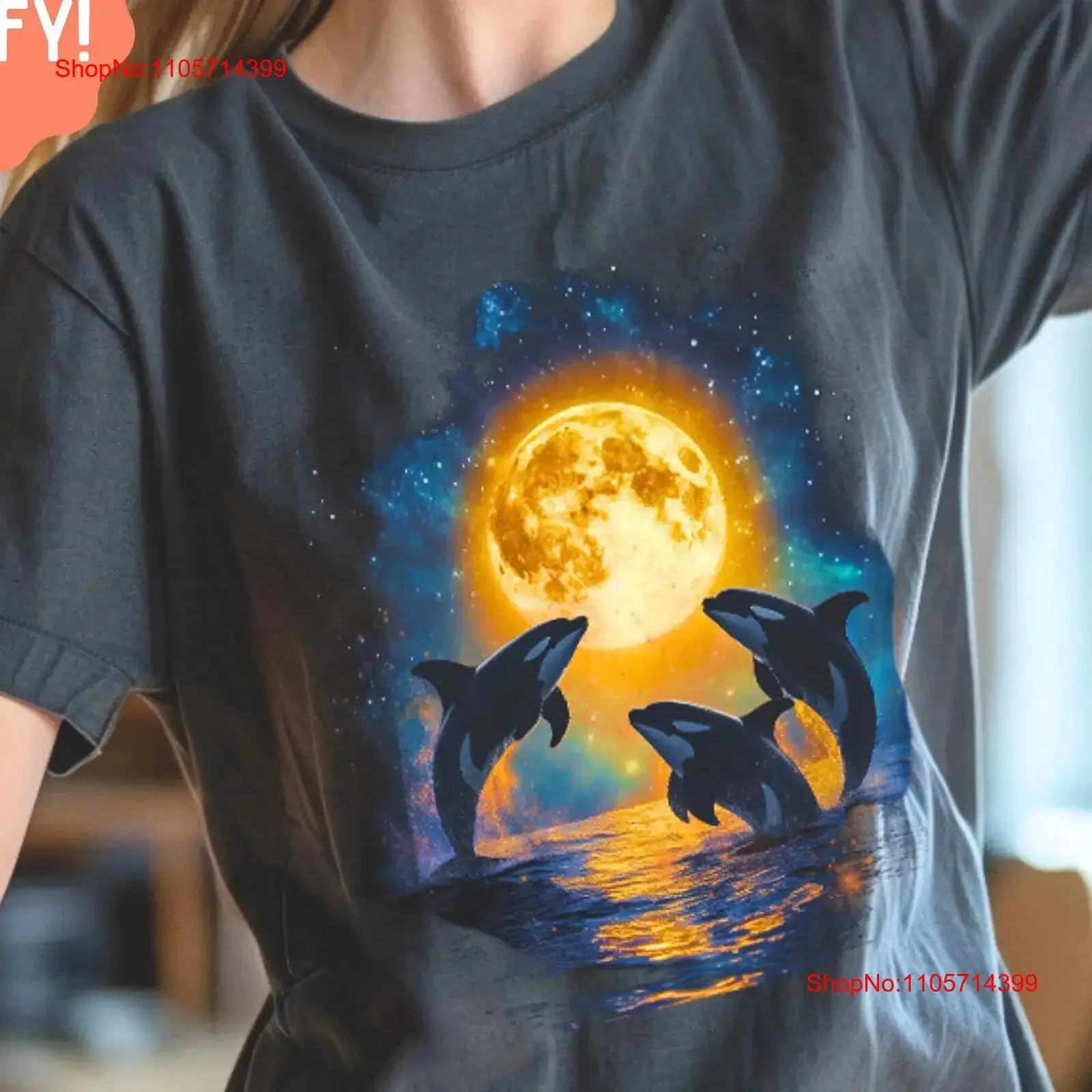 Moon Orca Killer Whale Vintage T Shirt Marine Biology Fun Band for Biologist vintage Washed Breathable Unisex