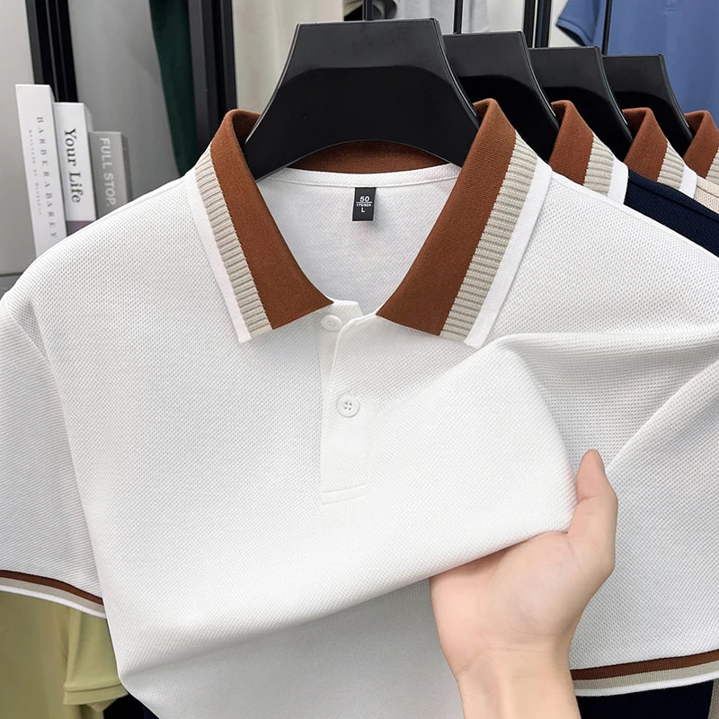 Personality color blocked short sleeve polo shirt men luxury new comfort summer silky cotton breathable casual fashion T-shirt