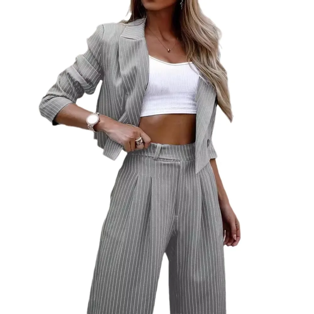 Casual Loose Striped Print Suits With Pants Two Piece Sets Women Autumn Winter Office Elegant High Waist Straight Pants Outfits