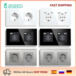 BSEED EU Standard Wall Double Sockets EU Socket 16A 110V-240V White Black Gloden Crystal Glass Panel Type-c USB Power Sockets