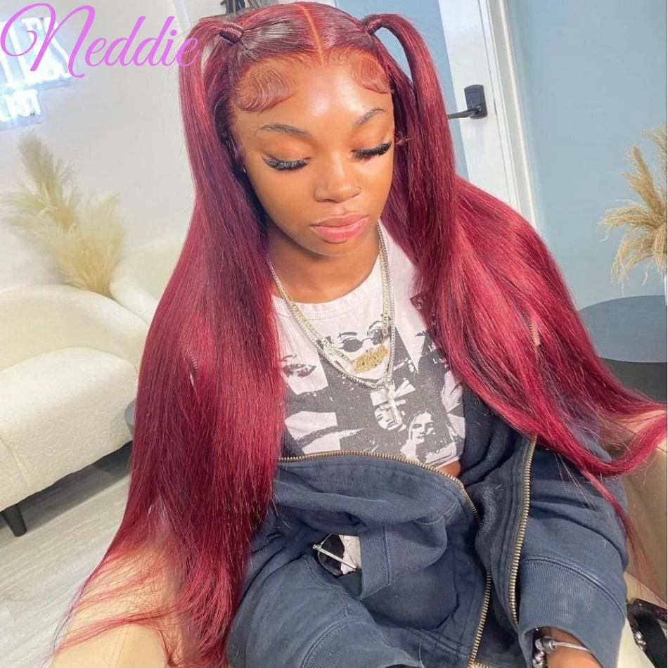 Burgunderrote gerade Perücken 13x6 HD Lace Frontal Echthaarperücke 13x4 Lace Front Perücken für Frauen 99J rot gefärbt 200 hohe Dichte