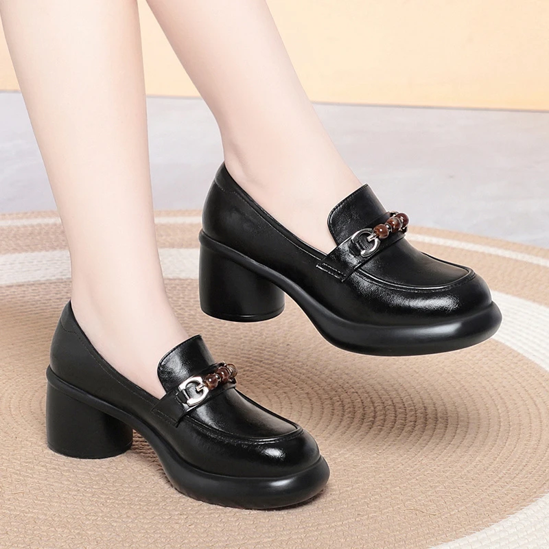 Women Chunky Heel Loafers Beaded Metal Buckle Leather Shoes Comfortable Non Slip Work Dress Shoes For Ladies Mother's Shoes