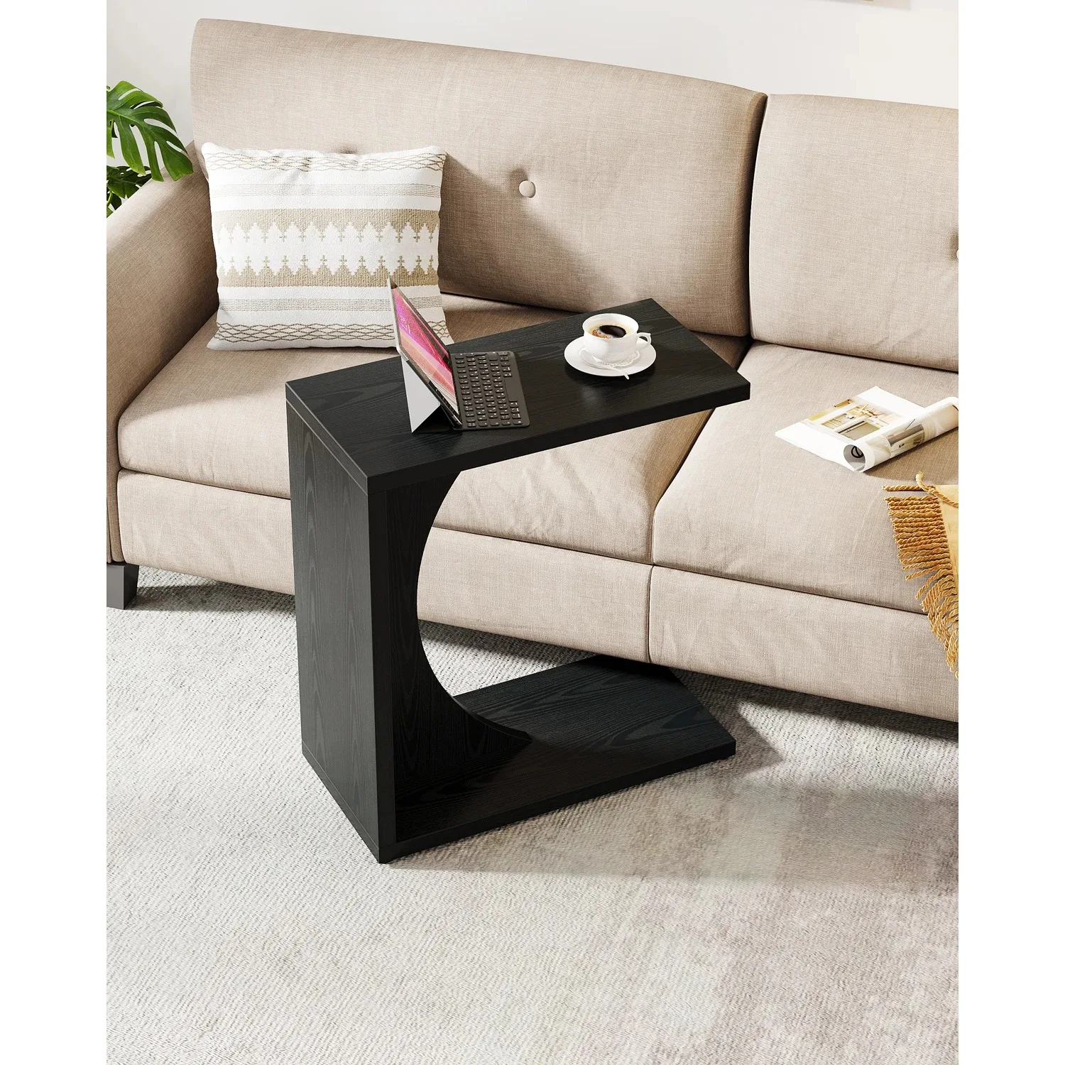 #C-Shaped End Table for Couch, Sofa Side Table, C Table for Small Space, Living Room, Bedroom (1, Black)