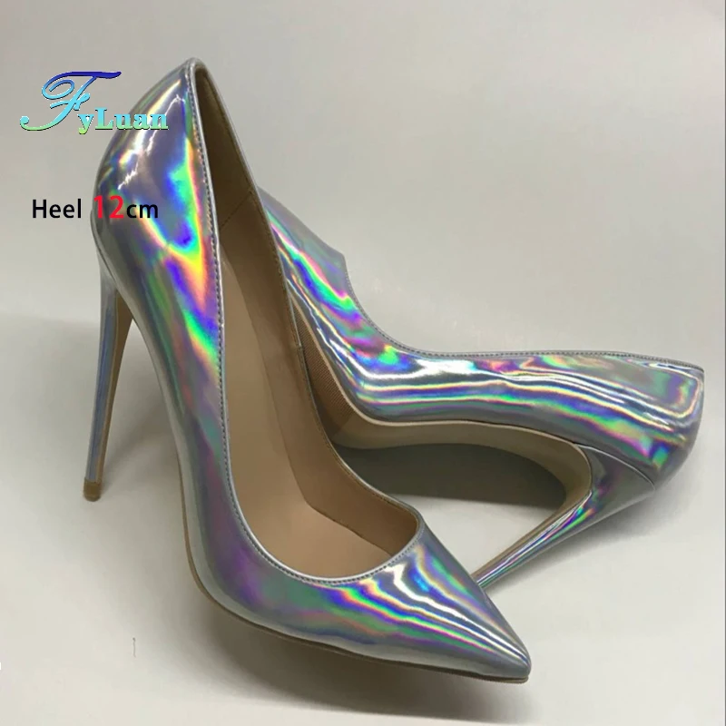 Glossy Stiletto Wedding Bridal Shoes Women Sexy Stage Show Shoes Leather Shallow Fashion Pointed Toe Laser Silver High Heels 45