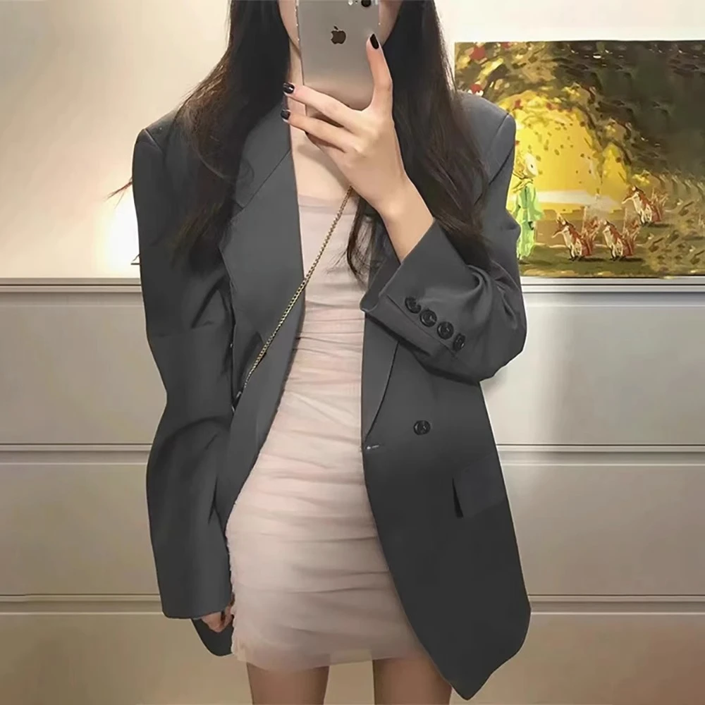 Gray Oversize Fashionable Women's Suit Jacket Spring Autumn 2026 New Arrival Long Sleeve Polyester Fiber Single Button Closure