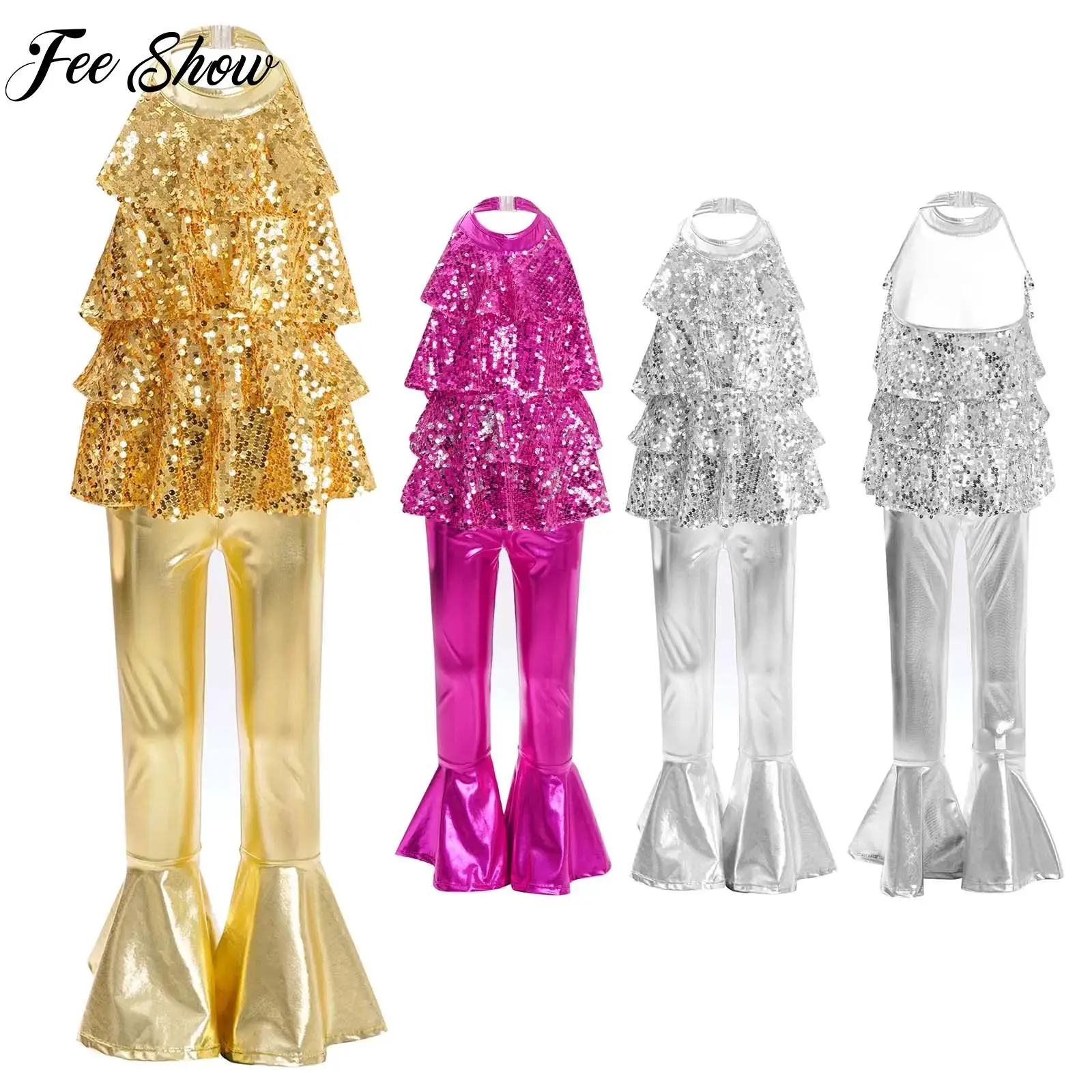 

Girls Modern Jazz Latin Dance Costume Halter Backless Sequins Leotard Pants Suit for Stage Performance Competition School Show