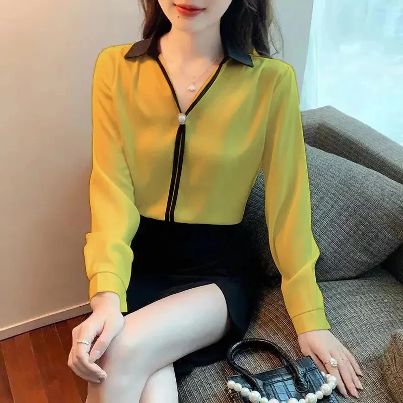 Rimocy New Elegant Blouses For Women 2024 Temperament V Neck Chiffon Shirt Top Woman Long Sleeve Pearls Commuter Blouse Mujer