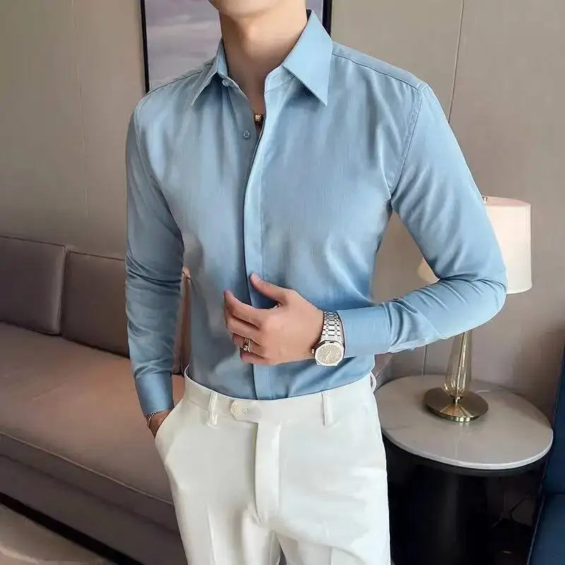 Long Sleeve Men's Shirt Pure Color Big Point Collar Hidden Button Casual Fashion Korean Style Autumn Wear For Live Broadcast