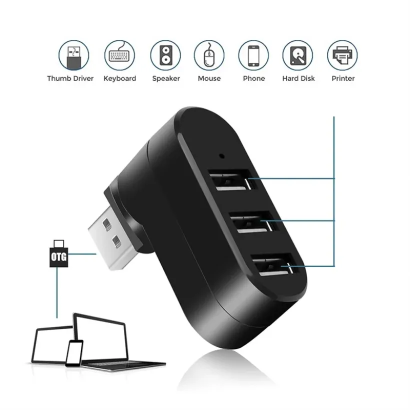 Mnnwuu 3 Port Multi 2,0 USB Rotary Hub Mini USB Hub Hochgeschwindigkeits-Splitter-Adapter für Laptop-Notebook für Computer zubehör