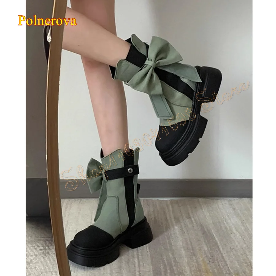 Bow Canvas Denim Mid Calf Boots,Anti Slip Thick Sole Round Toe Women Boots Camping Party Heel Boots 2023 New Zapatos Para Mujere