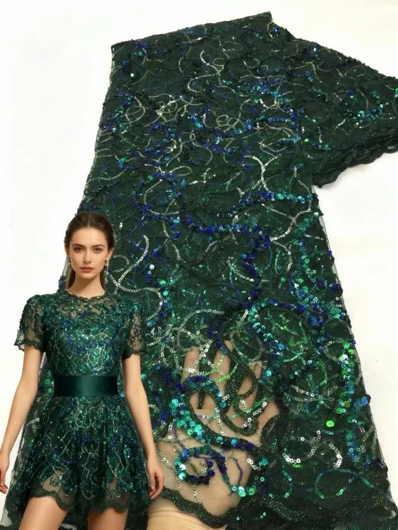 

Green Luxury French Sequin Lace Fabric 2025 High Quality African Mesh Sequins Lace Fabric Party Dress Sewing Material 5 Yards