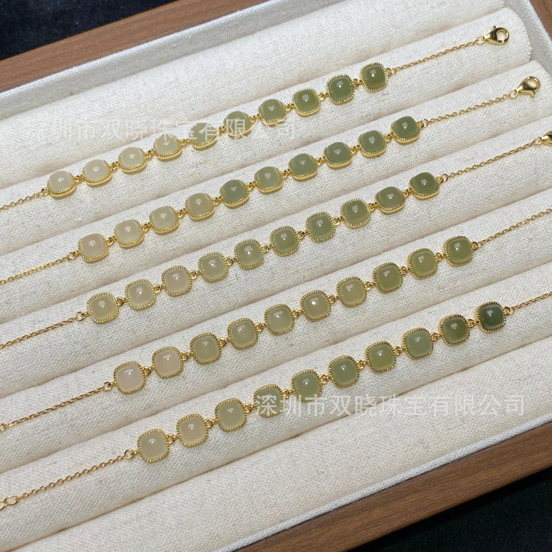 Natural Qinghai Material Qing Shui Hetian Jade Gradient Color Bracelet S925 Silver Inlaid Plated