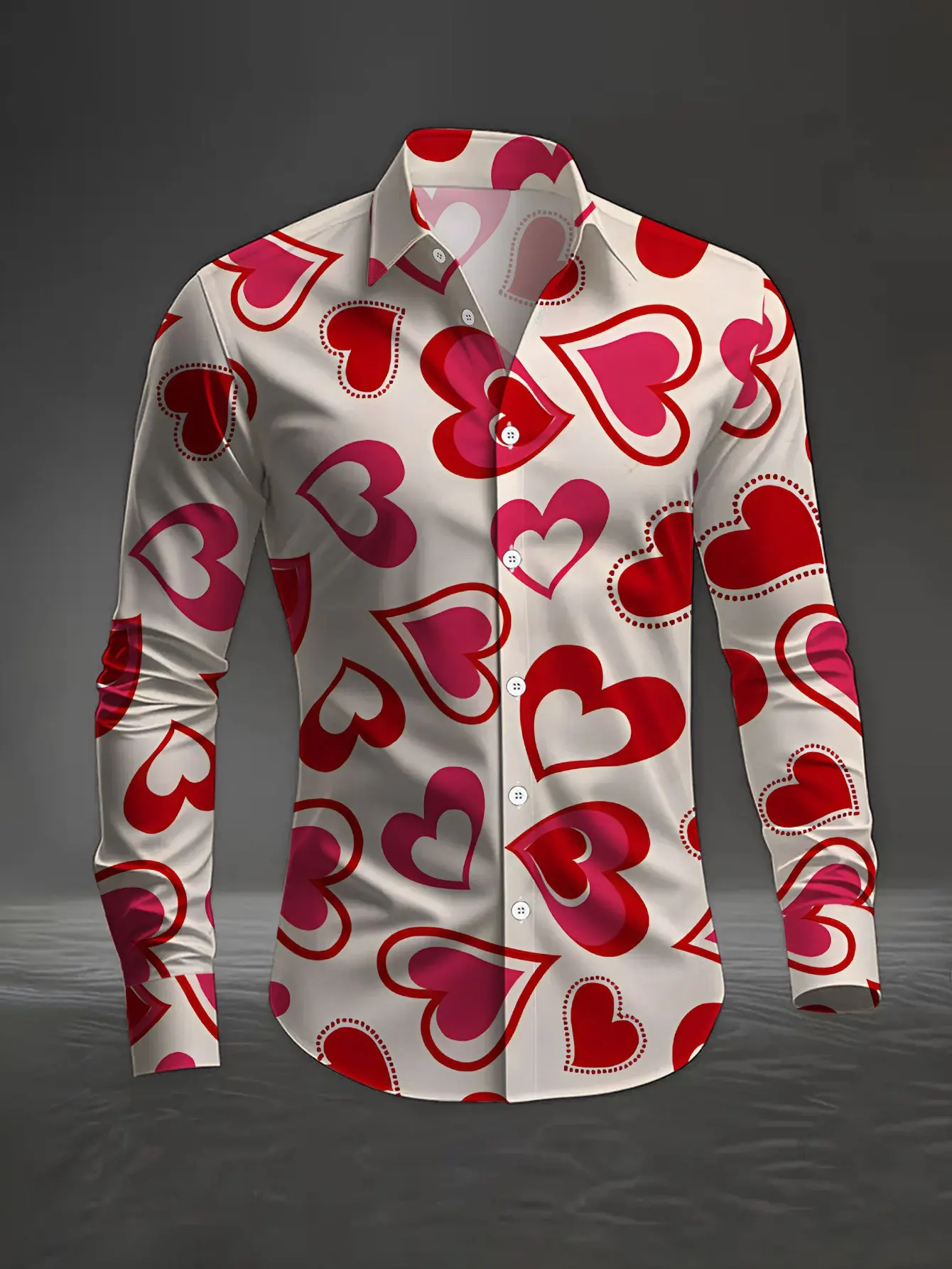 Men Long‑Sleeve Button‑Down Shirt Red Pink Heart Full Print Polyester Lapel Collar Valentine Party Top