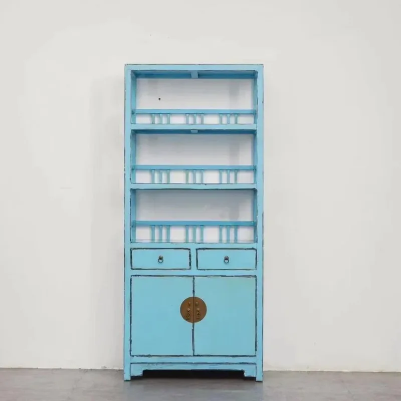 Q New Chinese solid wood bookshelf bookcase light blue old document ornament antique partition cabinet